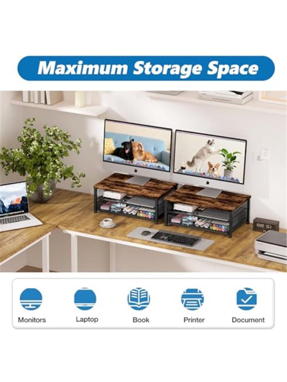 Metal Monitor Stand Desk Organizer With Drawer Two Tier Computer Riser Shelf - Picture 6 of 6